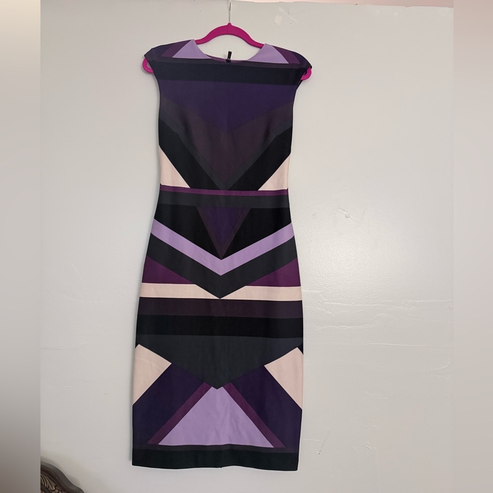 Vince Camuto Purple, Black & Cream Geometric Midi Sheath Dress